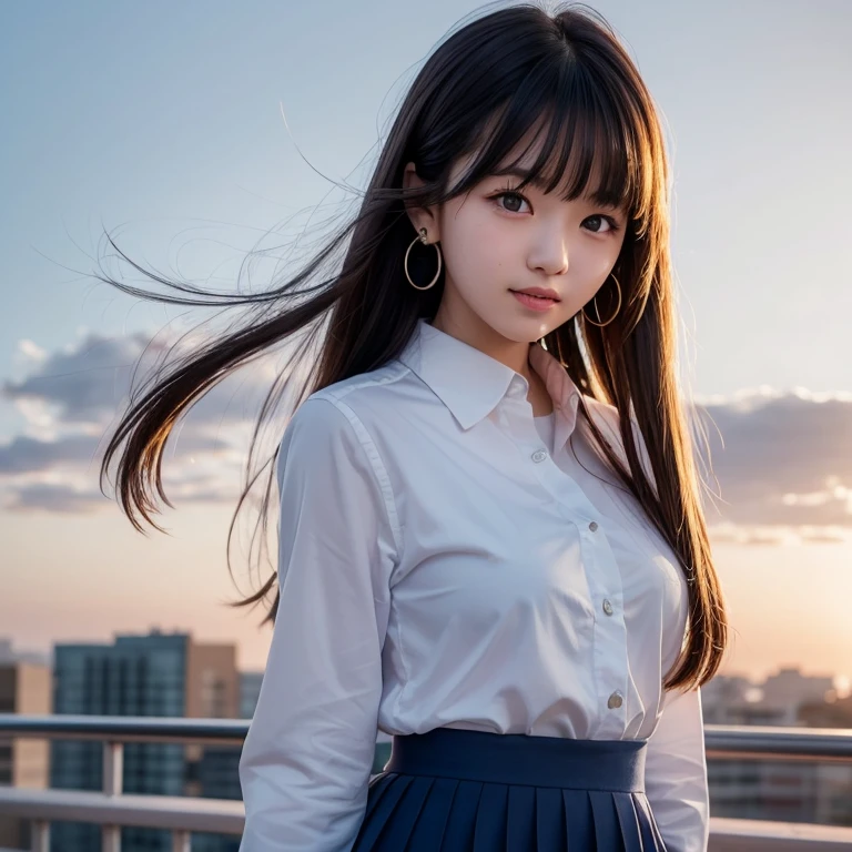 (Highest quality,masterpiece:1.3,Ultra-high resolution),(Very detailed,Caustics,8K),(Realistic:1.4,RAW shooting),(Shrapnel),Japanese,23 years old,cute,Are standing,(Looking at the camera with a sad expression),Black hair medium hair,Big Breasts,White blouse,Knee-length skirt,Strong winds,Hair blowing in the wind,rooftop,Backlight,sunset,sunset sky,Waist up shot,Natural light,1 person