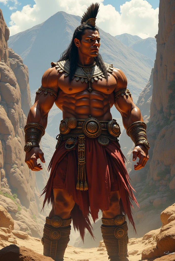 Inca warrior facing front and rough realist Without beard and with weapons of war
