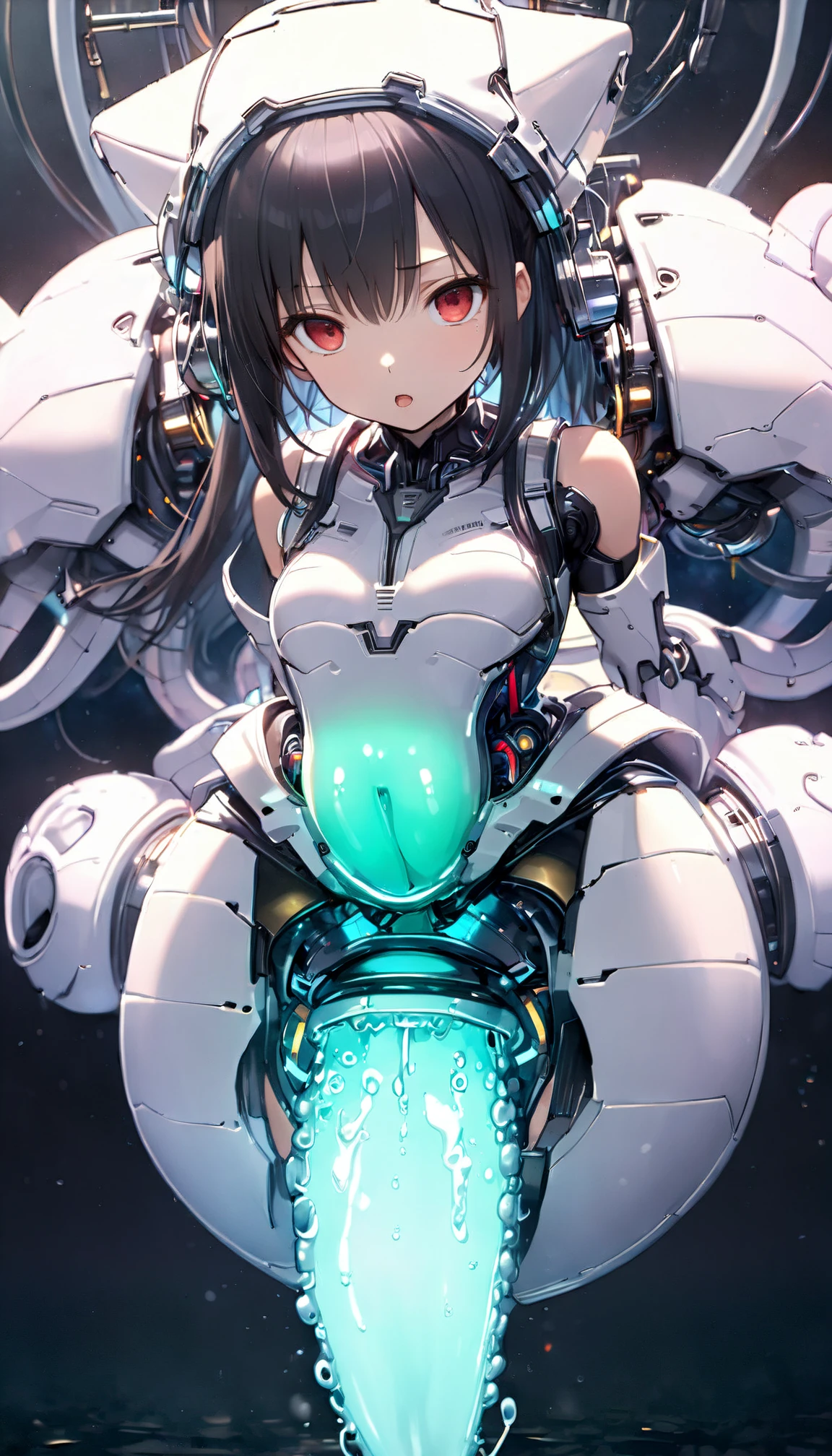 ((1 woman)),((just a biomechanical brat)),((large breasts)),((wet pussy, erect breast nipples)),((very large pubic hair)),((sleeping submerged in water in a futuristic aquarium with tubes connected to its body)),((short black hair with a side ponytail, with very large bangs covering the face)),((eyes closed, sleeping)),((facing the viewer)),