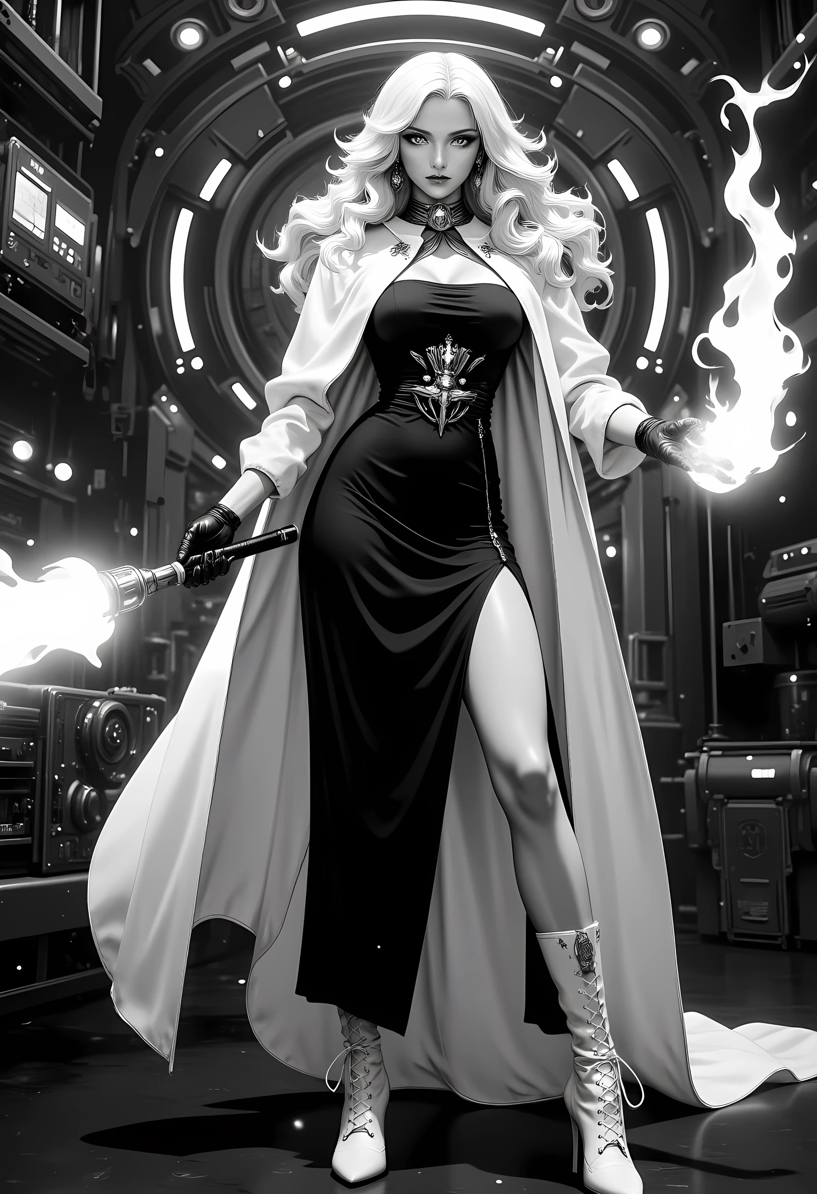 a ((black and white 1940s snapshot picture)) of a mecha woman wizard, standing proudly, manipulating magical red fire, ((only the fire is red)) extremely beautiful woman (best Detailed, Masterpiece, Hyperrealistic) blond hair, rich hair, wavy hair, dynamic eyes color, wearing black and white dress, wearing (white cloak), wearing (pantyhose), wearing high heeled boots, laces boots, make up, steampunk laboratory background fantasy art, steampunk art, RPG art, photograph, RAW, Best Detailed,, ultra best realistic, best details, best quality, 16k, [ultra detailed], masterpiece, best quality, (extremely detailed), ultra wide shot, photorealism, depth of field, hyper realistic painting photorealistic, RAW, fantasy art, realistic art,((best quality)), ((masterpiece)), (detailed), perfect face, fantasy, Irelia