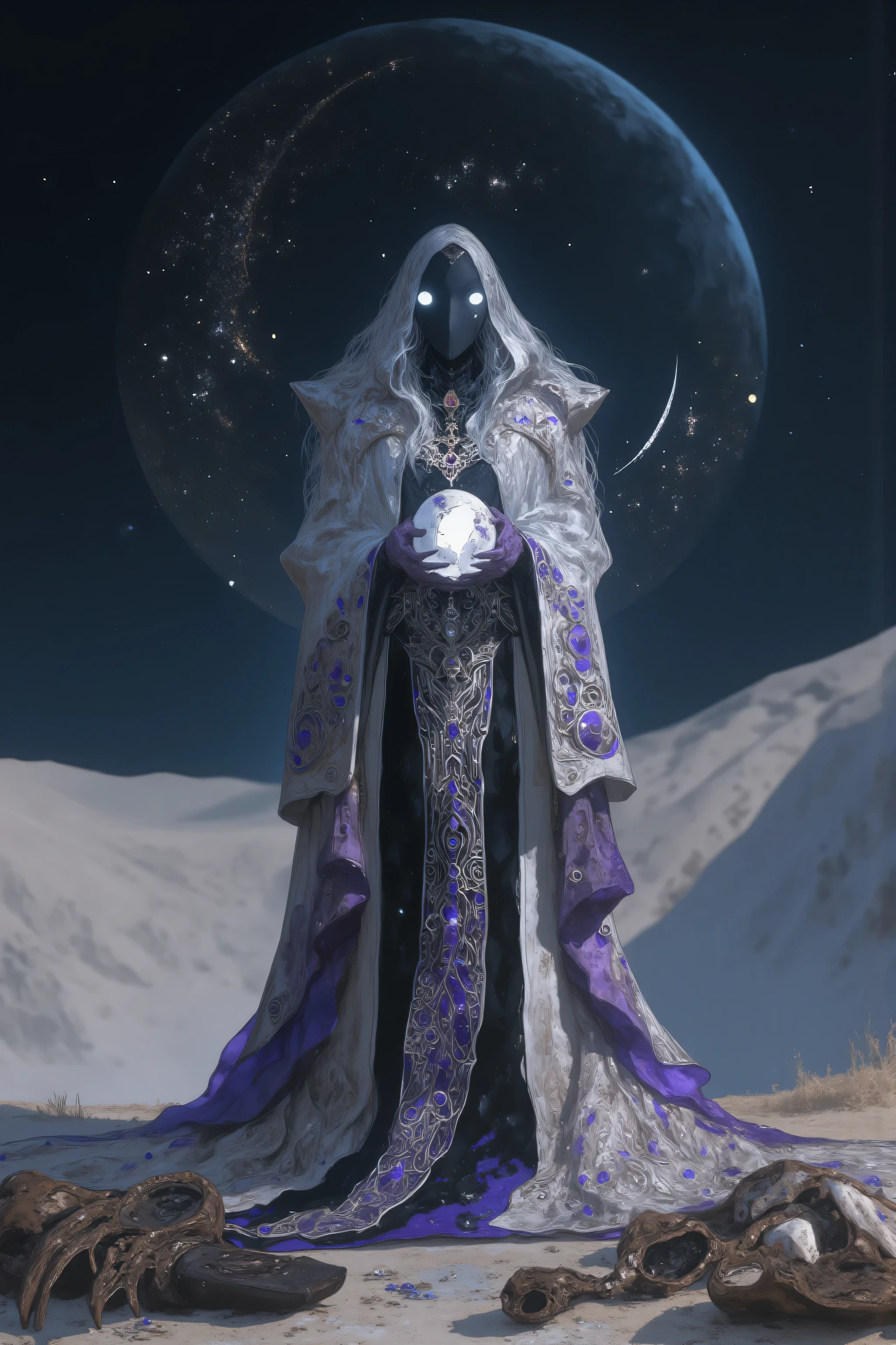 A lone figure standing at the edge of a vast crater where a vanished moon once orbited. She wears a ceremonial robe made of shimmering threads that depict extinct lunar phases and planetary maps, embroidered in soft silver and faded violet. Her face is covered by a smooth obsidian mask, featureless except for a single tear-shaped crack that emits faint white light. In her hands, she cradles a broken sphere — part moonstone, part ancient tech core — cracked open like a geode and softly glowing from within. Her posture is still, but regal, as if enacting an ancient rite of remembrance. Behind her, a starfield is distorted by the gravitational scar of the lost moon — a rippling lens in space, bending the constellations. Near her feet are scattered offerings: rusted astrolabes, melted timepieces, delicate bones carved with lunar glyphs.
: sci-fi spiritual fantasy, surreal astrophysical background, symbolic costume design, highly detailed textures, soft metallic embroidery, moonlit color palette, obsidian and pearl material effects, glowing fragments, cosmic silence, filmic atmosphere, mythic character concept art, delicate emotion without a visible face, sci-fi elegy in visual form.