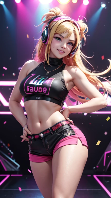 girl with stunning 3D resolution 12K character in [gritty Hip-hop] style, big breasts, pink top, big earrings, makeup, headphones, big dark glasses, long black hair, chibi in detailed (full body), highly detailed, bright, ultra high quality, Hyperrealism, Photorealism, [octane render].