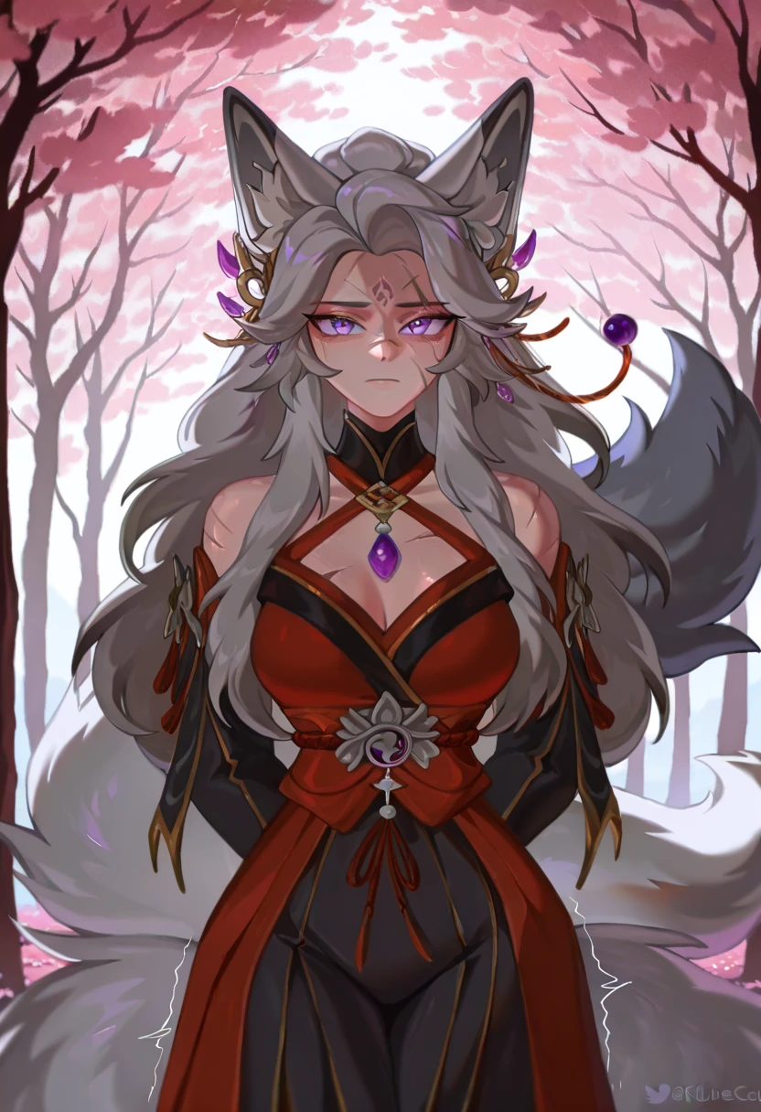 Niji style, 1girl, animal ears, facial mark, tail, solo, jewelry, fox ears, miqo'te, earrings, long hair, necklace, fox tail, breasts, whisker markings, purple eyes, strapless, hair ornament, medium breasts, looking at viewer , upper body, strapless dress, bare shoulders, dress,