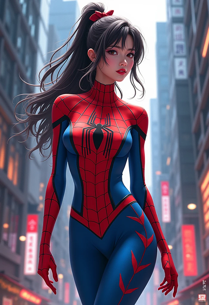 Beautiful woman detailed defined body using spider man cosplay, small breasts
