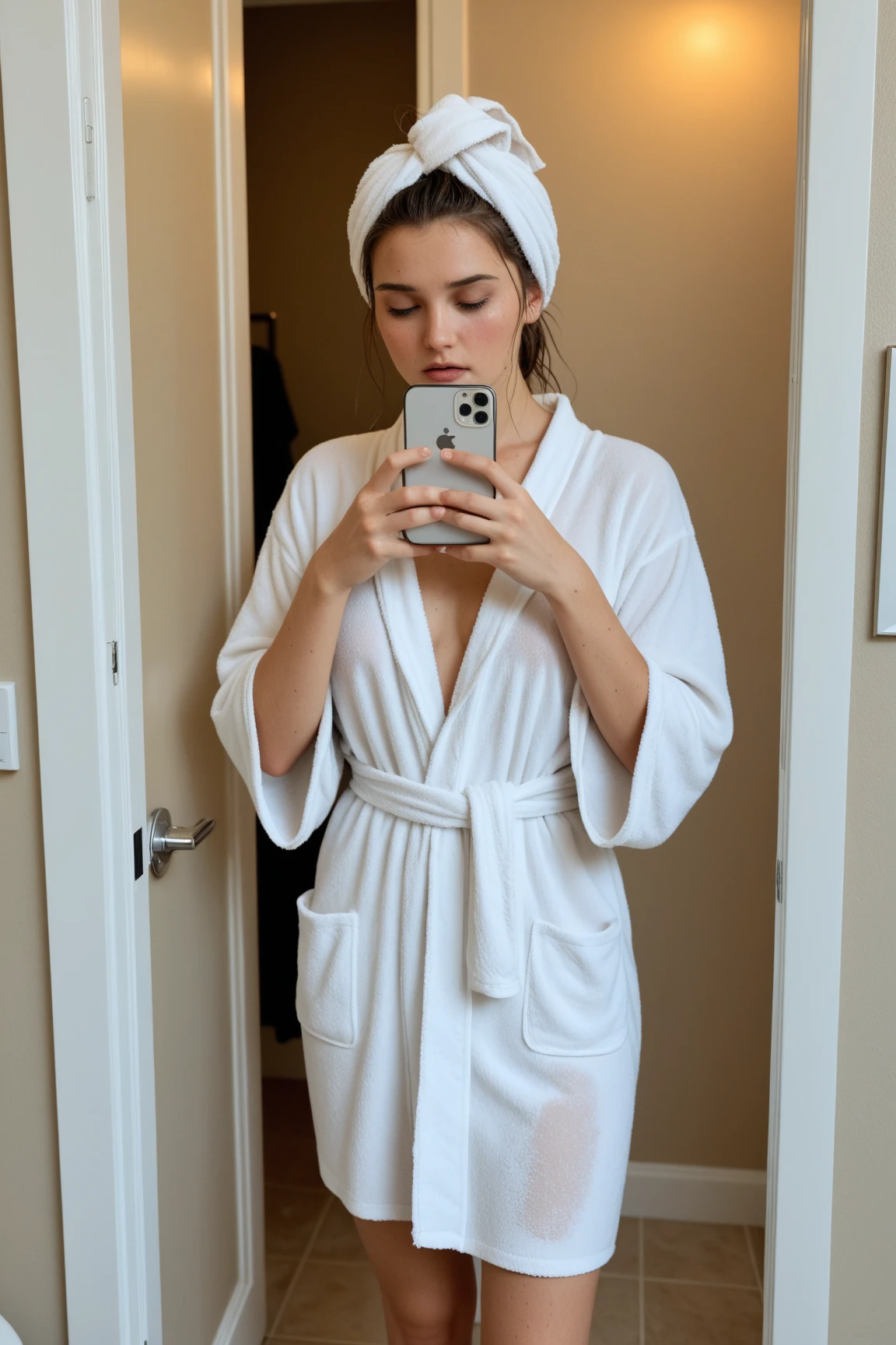 DEN_rocketbabey_OF,
(taking a selfie in the bathroom mirror wearing a towel dressing gown, selfie:1.2),
bokeh, f1.4, 40mm, photorealistic, raw, 8k, textured skin, skin pores, intricate details  <lora:epi_noiseoffset2:1>, epiCRealism <lora:ClothingAdjuster3:-1.3>