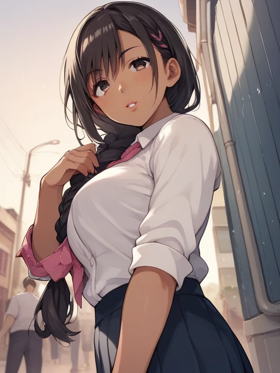 ((best quality)), ((masterpiece)), (details), one girl, sexy ((best quality)), ((masterpiece)), (details), one girl, sexy ((best quality)), ((masterpiece)), (details), one girl, full body,it's_nagatoro_main, Nagatoro Hayase, one girl, blushing, one person, uniform white polo shirt, black hair, brown eyes, hair accessory, looking at viewer, hair clip, smiling, long hair, dark skinned woman, dark skin, , bangs, daytime, skirt, collared shirt, collarbone, ear clip, mouth closed, tree, asymmetrical bangs, upper body