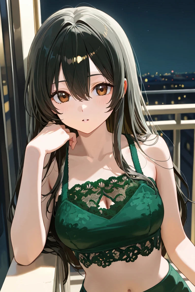 Young Female, Black Long Hair, Green Eye with Leaves Pupil, Leaves Crown, Green Bikini with Black Striped, Night Tokyo Apartment Theme, Happy Emotion mood, Cute, 3D, Realistic, HDR, HD, Background, RTX, 2K, Masterpiece.
