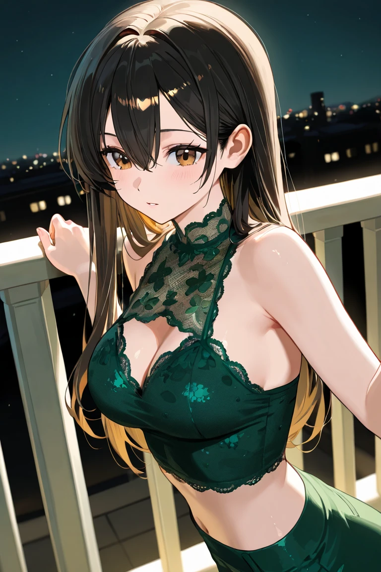 ((masterpiece, 最OK质量, high resolution, ultra high definition, pixel perfect, depth of field, 4K, RTX, high dynamic range)), 1 girl, single, alone, 24 years old, beautiful anime girl, Beautiful art style, anime characters, ((long hair, Bangs, brown hair, curls)), (green eyes:1.4, round eyes, beautiful eyelashes, realistic eyes), (Detailed face, blush:1.2), (smooth texture:0.55, lifelike質感:0.65, lifelike:1.2, cinematic, Anime CG style), medium breasts, Perfect body, plump, (Dynamic angle, View, close up), ((summer clothes, Vest, underwear, OK, underwear, underwear)), (outdoor, city building), ((summer, autumn, Natural light, sunrise)), sly smile