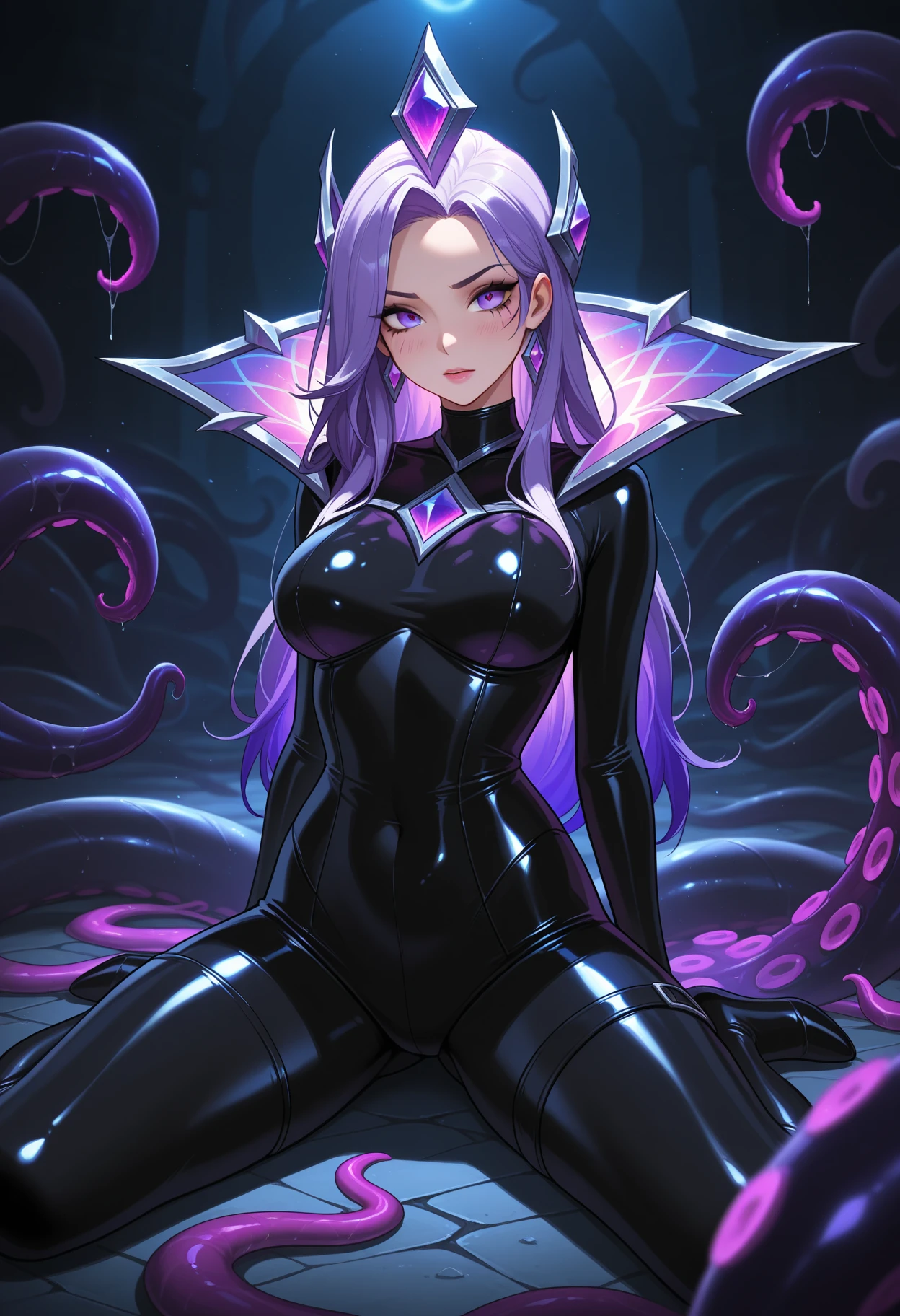 Anime - Style woman posing in latex in a giant octopus hammock with fine details, extremely detailed art, Best quality, masterpiece, high detail, most realistic, HD, young woman, perfect figure, seductive anime girl, symmetrical full body rendering, full body, wlop glossy skin, cute and sexy, erotic pose, erotic expression, eyes up, pupils upturned, thick smooth warframe thighs, wearing purple tentacle suit, shot from behind, goth style, latex miniskirt, leather miniskirt, choker, leather, leather corsait, latex corsait, princess, noble, latex, bodysuit, stockings, corsait, hands raised above head, hands chained, sword, holding sword in hand, tight holster, Tentacles, wrapped in tentacles, covered with tentacles, gross tentacles, discusting tentacles, covered in slime, sweating, around the tentacles, some tentacles are touching her, tentacles, tentacle monsters, tentacles, slime, hybridization, mating, snapping, eighteen forbidden, damp black translucent mucus, squirming tentacles, , sucking tentacle, sucks octopus tentacle, --auto --s2