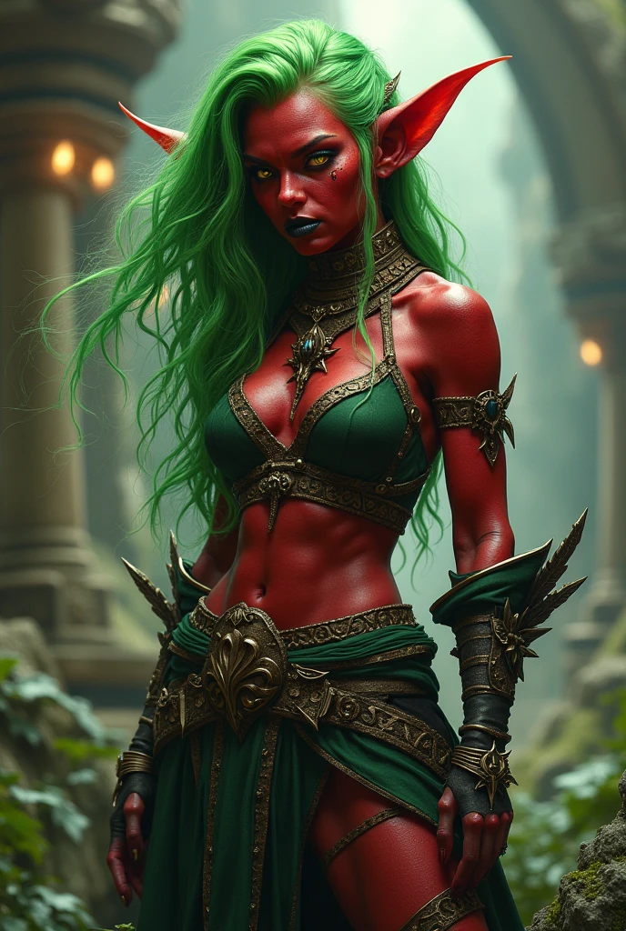 a beautiful Orc woman with light green skin, Eyes red, pointy ears, sharp teeth and black hair tied in a long ponytail, there are almost 2,10 meters high, a muscular and sculpted Amazonian physique, with an exposed flat stomach and visible abdomen, multiple red orcish tribal tattoos on arms and upper sternum above breasts, slim waist that accentuates her large breasts and shapely ass, thick-thighs, wide hips and long, smooth legs, Orcs traditional tribal clothing, wear a bikini top, a long red thong supported by a leather belt decorated with gold, a black leather choker and two loose red sleeves with exotic feather embellishments. a painting of a woman with a green body and black hair, Female Orc, green orc female, she is huge, ela - the hulk, a very beautiful berserker woman, tema orc, inspired por Ryan Barger, muscular female druid, orc, por Ryan Barger, Marco Schultz, por Mark Brooks, the hulk, furious dark haired women, muscular warrior women