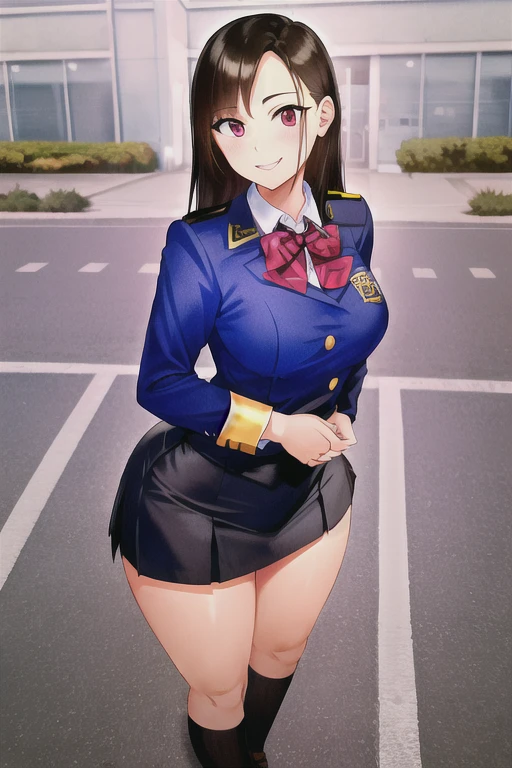 a cartoon character in a sexy suit posing on the street with a bush, police officer, police uniform, 1 girl, police woman, shirt, skirt, hat, tie, police cap, blue eyes, gloves, breasts, purple hair very dark, thighs, solo, navel, garter straps, looking at viewer, short sleeves, large breasts, underwear, miniskirt, midriff, ass visible through thighs, panties, outdoors, indentation, braid, hand in hand hip, belt, black skirt, uniform, collared shirt, frown, thigh highs, peaked cap, crop top, black panties, blue shirt, chest pocket, V-shaped eyebrows, Eiko Tsukimi, blue eyes, purple hair very dark baseball cap