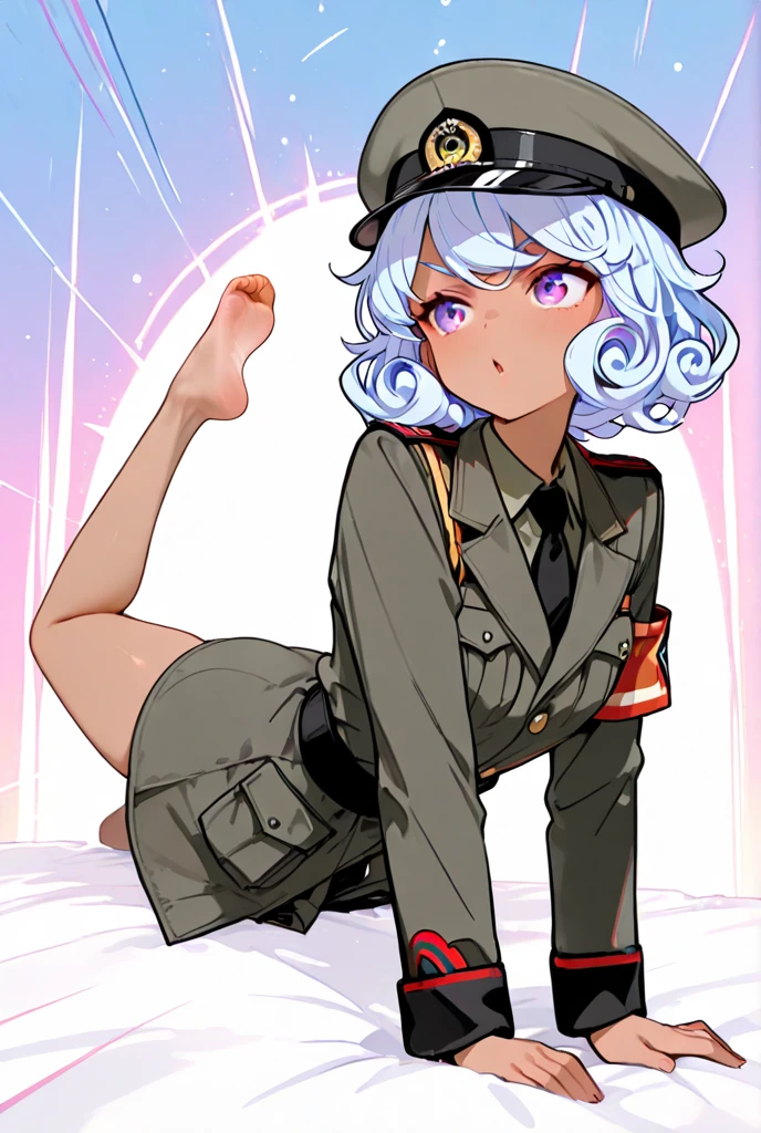 French girl, short, flat chest, white hair, black beret, white blouse, black vest, cyan eyes.