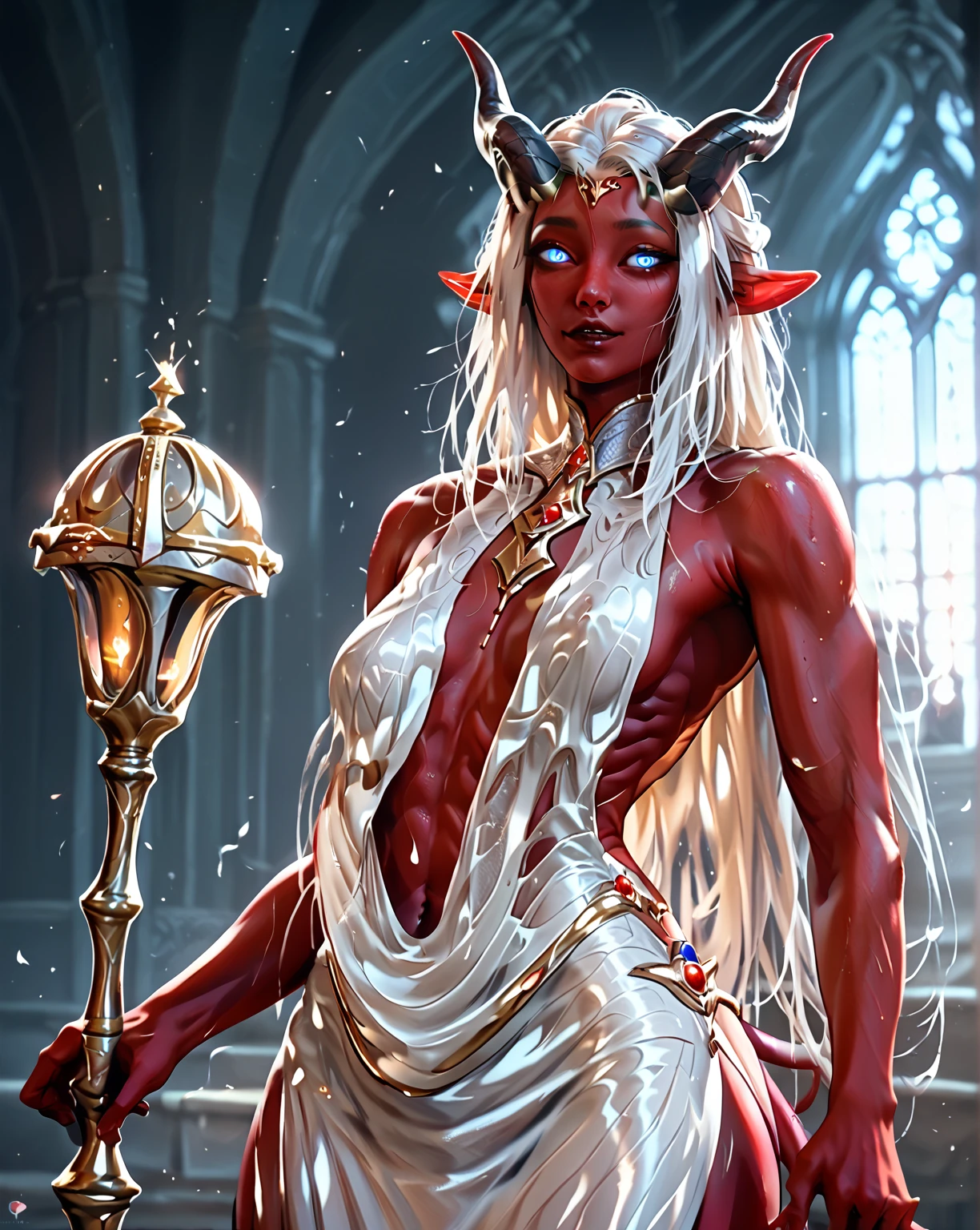 tiefling girl, red skin, solo tiefling, red skin,white hair, long white hair,straight hair, straight bangs, blue eyes, extremely detailed  eyes, white Latex dress one pies ,Gloss, Shine  realistigue eyes, curled horns like a lamb, magician traveler, slender, sharp focus, masterpiece, extremely detailed photography , high quality , 8k , details ,  A Tiefling with red skin , horns , long black hair , glowing eyes ,  holds a magic staff, and has piercings. church