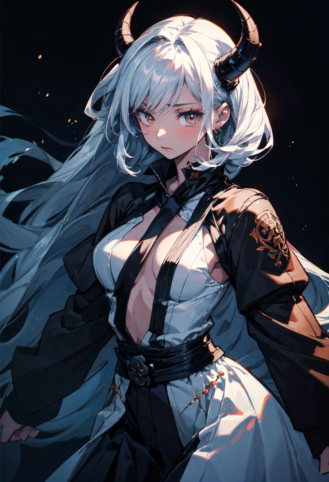 Highest quality, masterpiece,Beautiful design,Intricate details ,4K, (Fine skin, Shiny skin, Shiny Hair, Pale complexion,Big Breasts), Red Sky, Red Moon, Snow Mountain, ((Skull Land)), Captivating woman, Gray Hair, Long Hair, Hair blowing in the wind, half skull mask, Fine tattoos, white leather clothes, White Sleeveless Dress, Leather mini skirt, Hat with skull mark, (White leather belt), Looking into the distance