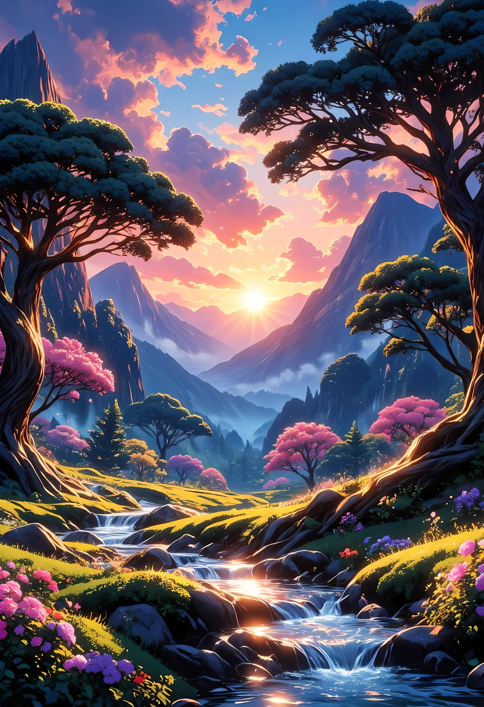 a fantasy forest grove of peace and tranquility, there are many fruit trees, blossoming colorful flowers, a stream of clear running water, mountain range in the background, the sun is rising, sending divine rays of warmth, the skis are in many shades of blue, red, pink and purple, photograph, RAW, Best Detailed,, ultra best realistic, best details, best quality, 16k, [ultra detailed], masterpiece, best quality, (extremely detailed), ultra wide shot, photorealism, depth of field, hyper realistic hkmagic