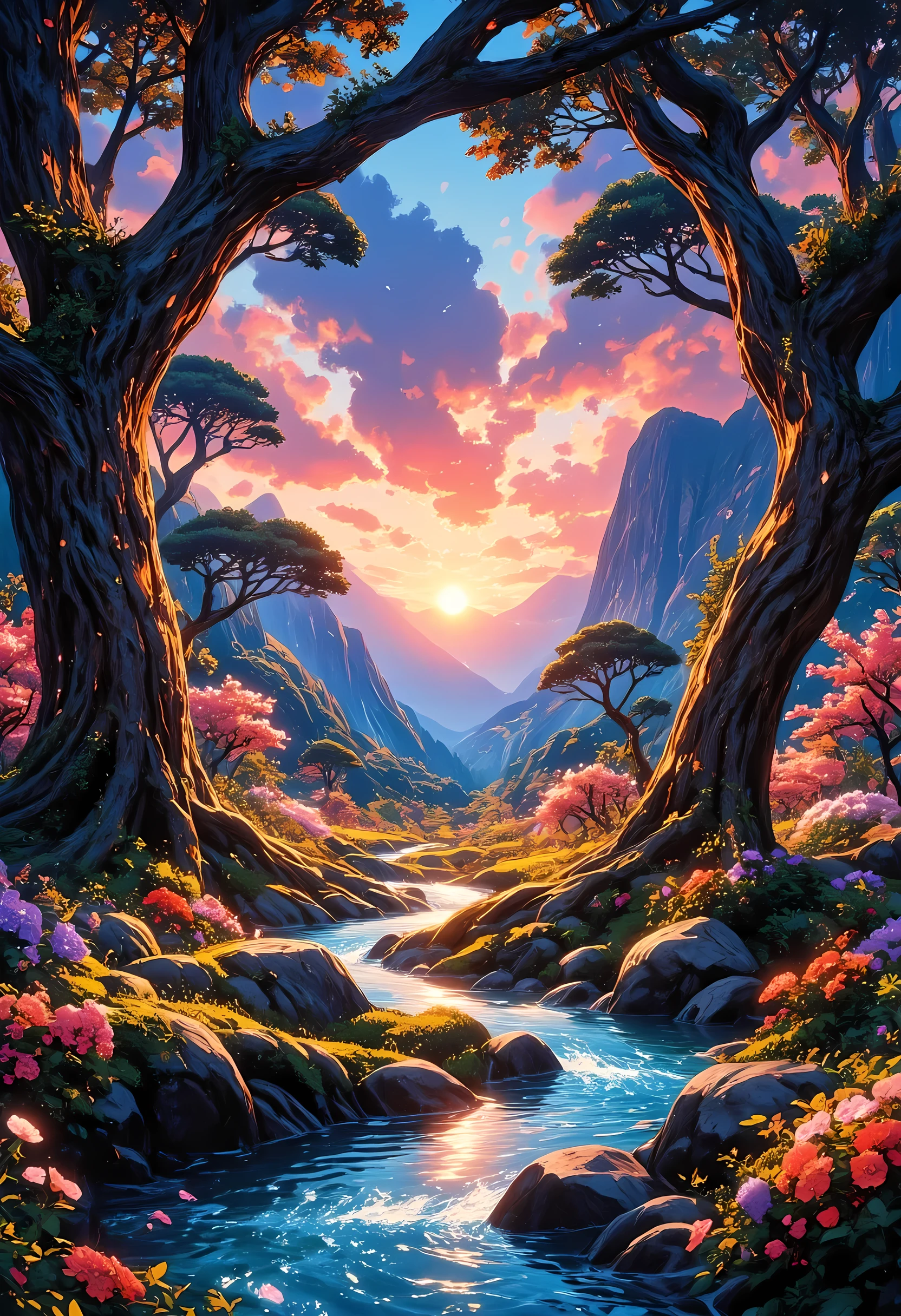 a fantasy forest grove of peace and tranquility, there are many fruit trees, blossoming colorful flowers, a stream of clear running water, mountain range in the background, the sun is rising, sending divine rays of warmth, the skis are in many shades of blue, red, pink and purple, photograph, RAW, Best Detailed,, ultra best realistic, best details, best quality, 16k, [ultra detailed], masterpiece, best quality, (extremely detailed), ultra wide shot, photorealism, depth of field, hyper realistic hkmagic