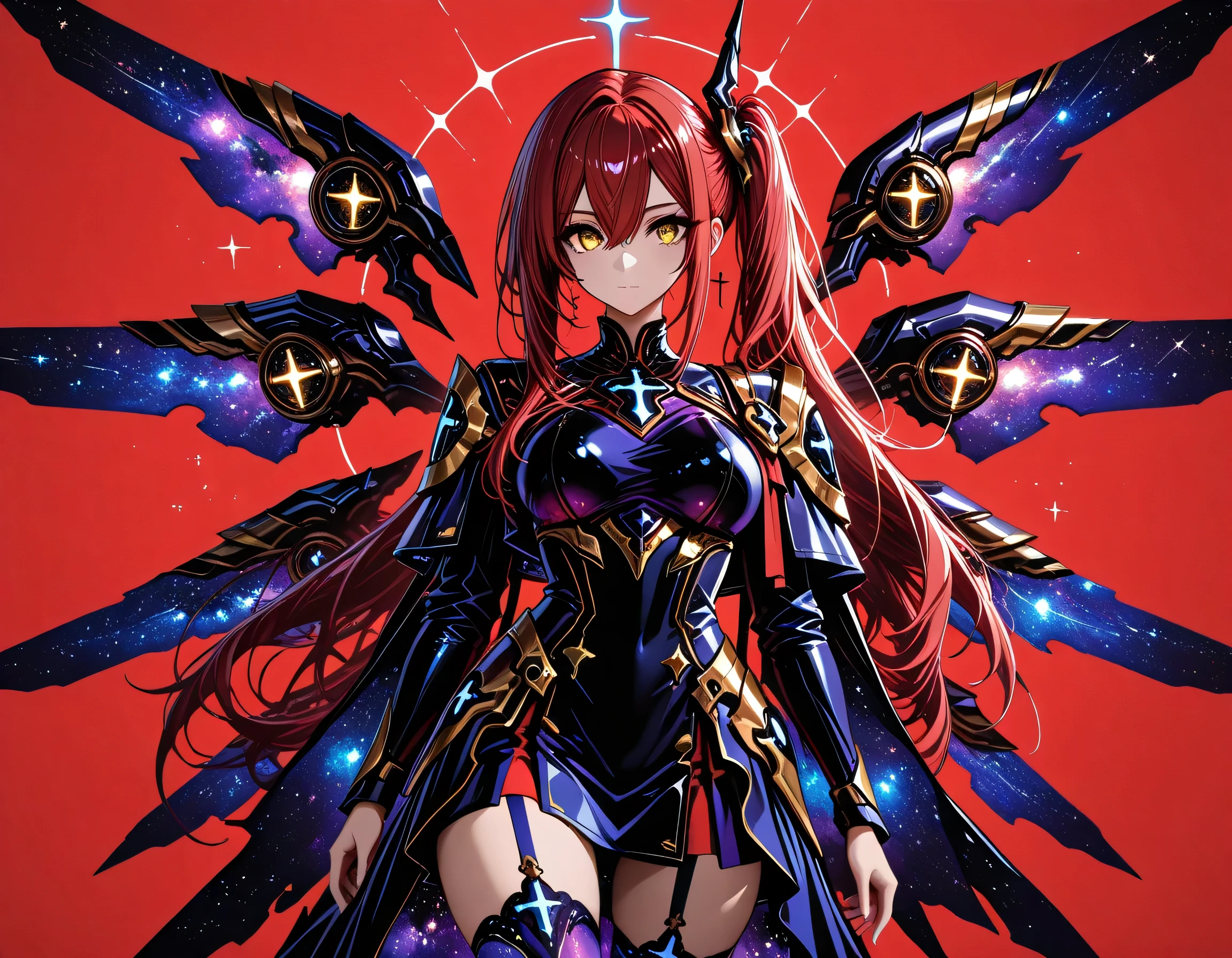 (EyesHD:1.2), masterpiece, best quality, ultra-detailed, very aesthetic, sharp focus, depth of field, vibrant colors, ray tracing, best lighting, detailed illustration, detailed background, cinematic, beautiful face, beautiful eyes, (anime coloring:1.5), 1girl, golden eyes, red hair, very long hair, straight hair, long sidelocks, hair between eyes, medium breasts, petite, very cute, beautiful, cool, handsome, side ponytail, hair over shoulder, thighhighs, ,dream galaxy, galaxy (theme), surreal, dreamcore, purple lineart, galaxy elements, kawaii style, aesthetic, soft colors, pastel colors, colored lineart, ((blue tones: 1.2)), ((purple tones: 1.2)), glitter effect, fantasy style ,ultrakill, cross, Limited color palette, (flat colors, red background, red themed background, outline, red outline, silhouette), simple background