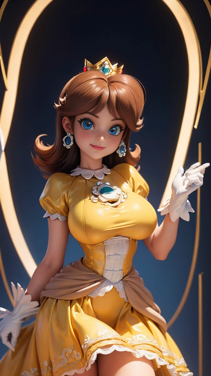 Close-up of a woman, Princess Daisy from Mario Bros, half, crown, cleavage, in a castle, medium breasts, 4K Quality, yellow dress, exercised thighs