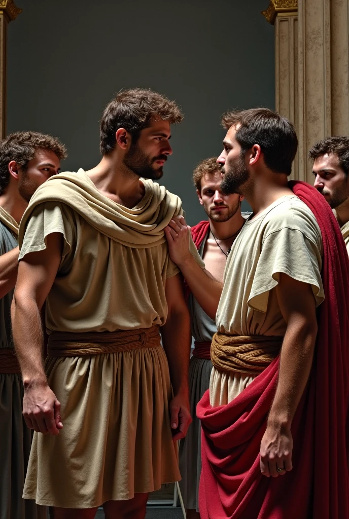 standing pose, oil painting, oil on canvas, ((five Roman Men kissing)), 5 males, 5men, 35 years, ((white briefs, bulge)), lovers, intimate, naked, ancient Rome, Epic, centered, perfect composition, canvas texture, Baroque style, Greek opulence, opulent background, by Alexandre Cabanel
