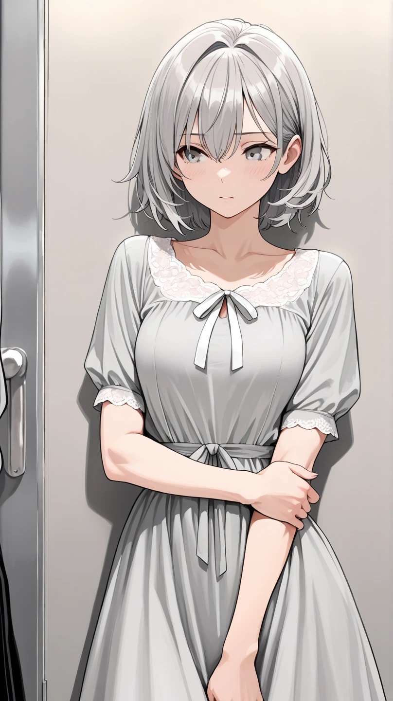 Top quality, (masterpiece: 1.2), very detailed, own room, 1 girl, solo, (muse), smile, watch viewer, gray hair, circle of angels, short hair, hair ornament, green eyes, light in the eyes, white sailor suit, girls' high school uniform, white underwear, in the middle of changing, realistic, from the knees up, glowing skin, fair skin, (medium breasts) ultra-realistic, realistic, realistic, portrait, blur,