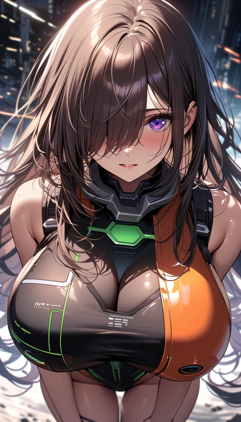 Anime style, women of warrior, shiny jacket ,night, brown hair, ironed hair, illustration drawing body, sweet smile, pixel style, hand drawing, extremely anime 2D shapes, high detailed, high quality, Full moon, ultra HD, smooth, shiny body, glowing eyes, wallpaper, high detailed,character-centric,ghotic ,dark magic splashes, huge-breasted,on the cyber neo, neon light,