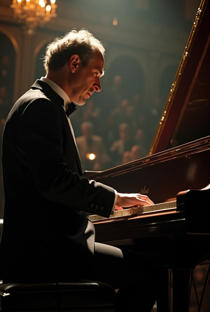 (A scene of Frédéric François Chopin playing the piano) piano, passionate melodies, elegant finger movements, mesmerizing piano chords, delicate keystrokes, intricate musical compositions, emotion-filled performance, expressive dynamics, flawless technique, musical genius, captivating stage presence, artistic interpretation, classical music masterpiece, refined musicality, virtuosic piano playing, iconic composer, rich harmonies, lyrical melodies, soulful expressions, profound emotions, enchanting atmosphere, historical period costume, candlelit concert hall, mesmerized audience, hushed silence, delicate piano sound, transcendent musical experience, passionate performer, poetic rhythms, intricate piano passages, graceful musical phrasing, gentle cadences, heartfelt melancholy, romantic ambiance, immersive music in the air, artistic inspiration, masterful compositions, sublime musical journey, timeless legacy, musical genius, artistic brilliance, captivating artistry, magnetic pianist's presence, exquisite talent.