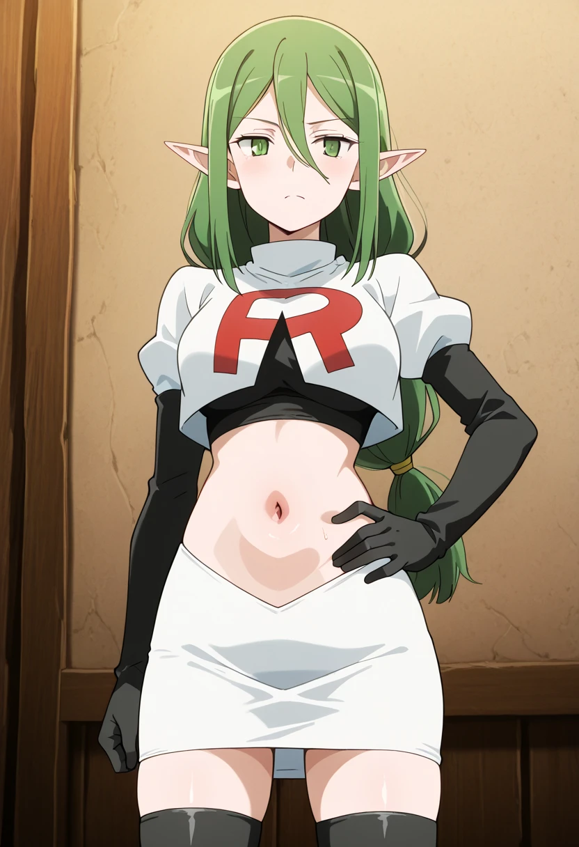 hisui, hisui, long hair, (green eyes:1.5), green hair, hair between eyes,
BREAK jewelry, earrings, tiara, crown, team rocket,team rocket uniform,white skirt,red letter R,crop top,black thigh-highs,black elbow gloves
BREAK looking at viewer, (cowboy shot:1.5),
BREAK (masterpiece:1.2), best quality, high resolution, unity 8k wallpaper, (illustration:0.8), (beautiful detailed eyes:1.6), extremely detailed face, perfect lighting, extremely detailed CG, (perfect hands, perfect anatomy),