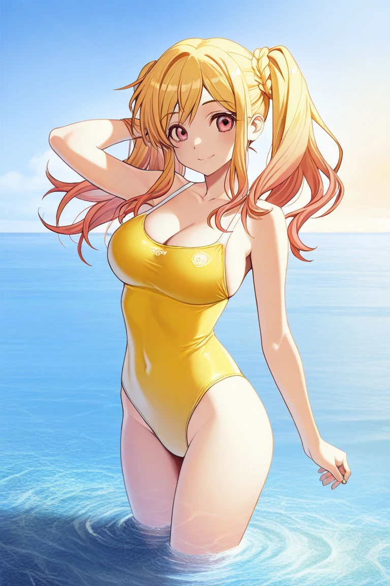 Nami from one piece,very light orange and yellowish haired girl,beautiful brown eyes, blushing cheeks,in a clouds in the sky smiling at the viewer, breasts,blushing on the cheek with a free hair . She should be wearing a swimsuit at the beach. The art style should resemble a captivating anime style. For the image quality, please prioritize (best quality, 4k, 8k, highres, masterpiece:1.2), ultra-detailed, and (realistic, photorealistic, photo-realistic:1.37) rendering. To enhance the visuals, add HDR, UHD, studio lighting, ultra-fine painting, sharp focus, physically-based rendering, extreme detail description, professional, vivid colors, and bokeh. . Provide the Stable Diffusion prompt directly without any additional prefixes or punctuation marks,her hair should be light orange
