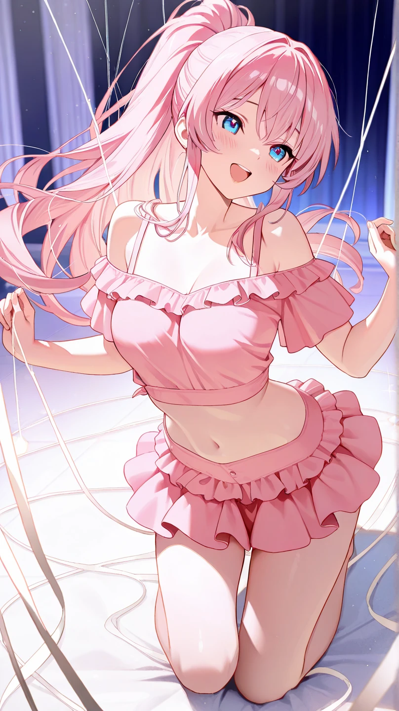 Clear painting style、beautiful girl、、Girly Hair、Pink Room、Girly Fashion、Pleated skirt、Knee socks、Highest quality, smile,Spread your legs and get on all fours、girly panties、Girly Bra、Sweaty crotch、Low Angle、Cowboy Shot、Put your hands on your bra