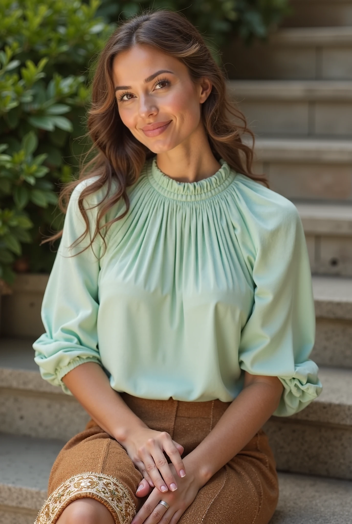((Highest quality)), ((masterpiece)), (detailed),Perfect Face,Japanese,Fair skin,Upper Body,Long Hair,Women's Ana Style,blouse,Mature Woman