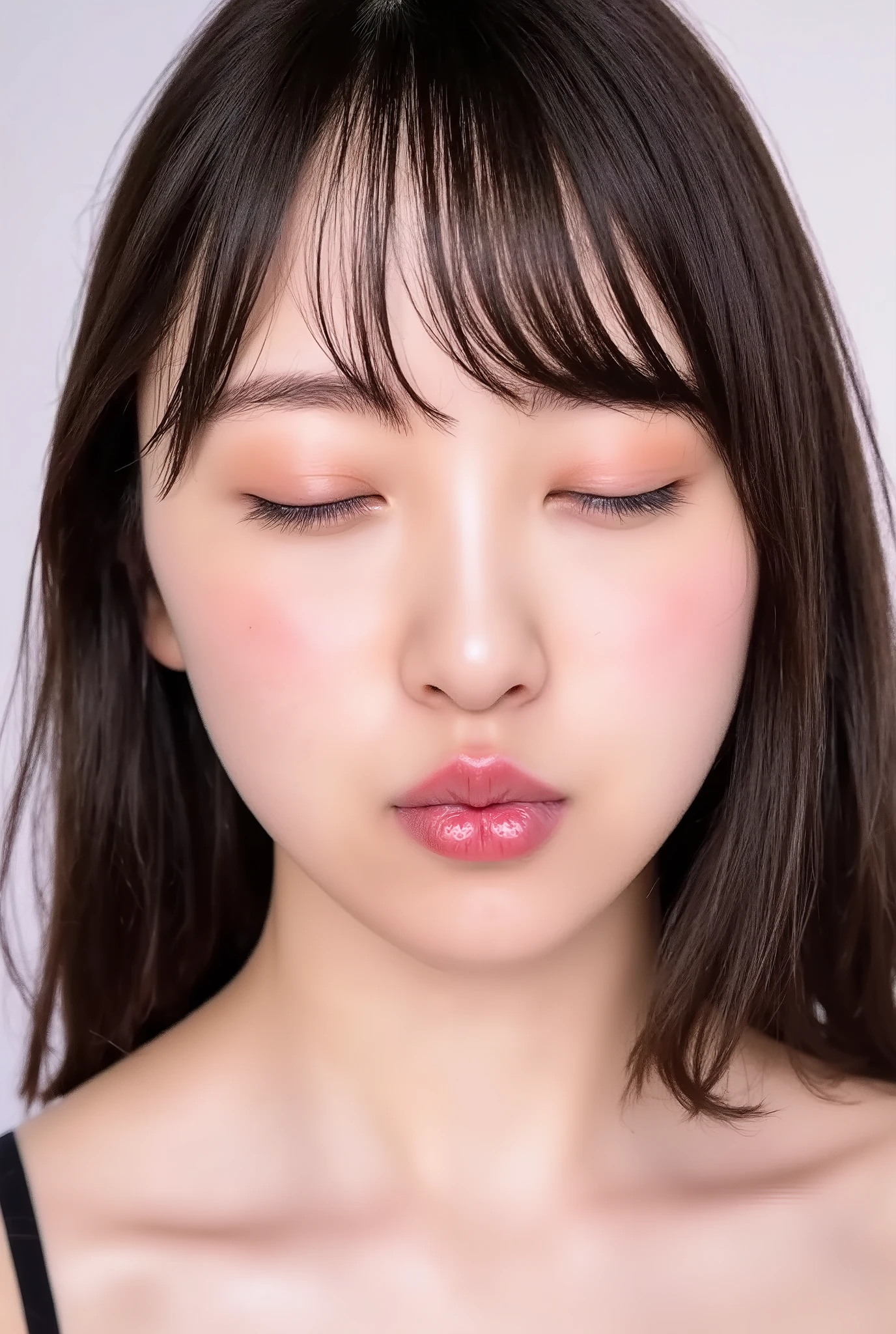 beautiful young woman, eyes closed, euphoric smile, extremely puckered lips, lips pushed far forward, tight kissy mouth, lips forming a sharp O-shape, exaggerated kiss face, heart-shaped lips, ultra glossy pink lips, flushed cheeks, ears blushing, black camisole, collarbone visible, close-up, upper-front angle, full head in frame, soft studio lighting, lips extremely pursed, lips protruding, high gloss on lips, moist lips, lip focus, plump lips, smooth skin with soft texture, faint peach fuzz, skin pores subtly visible, intense affectionate mood, face slightly tilted back