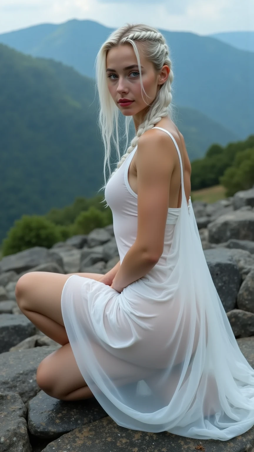 8k, RAW photo, best quality, ultra high resolution, photorealistic, realistic photo of skinny blonde slavec girl in wheet field, most beautiful slavec girl in the world, (slavec blonde girl, slim face, blue eyes, long braid, single braid hair), in the wheet field, sunset, (full body portrait), (photo from the side), wearing white dress, (white see thru dress), wearing white hair band, white hair band, looking at sunset, sexy face, sexy pose, (extremely detailed CG unity 8k wallpaper), 8k uhd, dslr, bright lighting, high quality, Fujifilm XT3 sharp focus, f 5.6, High Detail, Sharp focus, (natural bright light)
