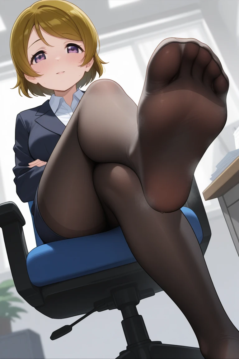 (((Shooting from directly below the front)))、Highest quality、masterpiece、office lady,28 years old,Black Stockings、She sits with her legs spread on the seat、Spread your legs,Slender figure,Small breasts,Short Bob Hair、Beautiful light brown hair、Staring at the audience、Red face、White panties seen through stockings