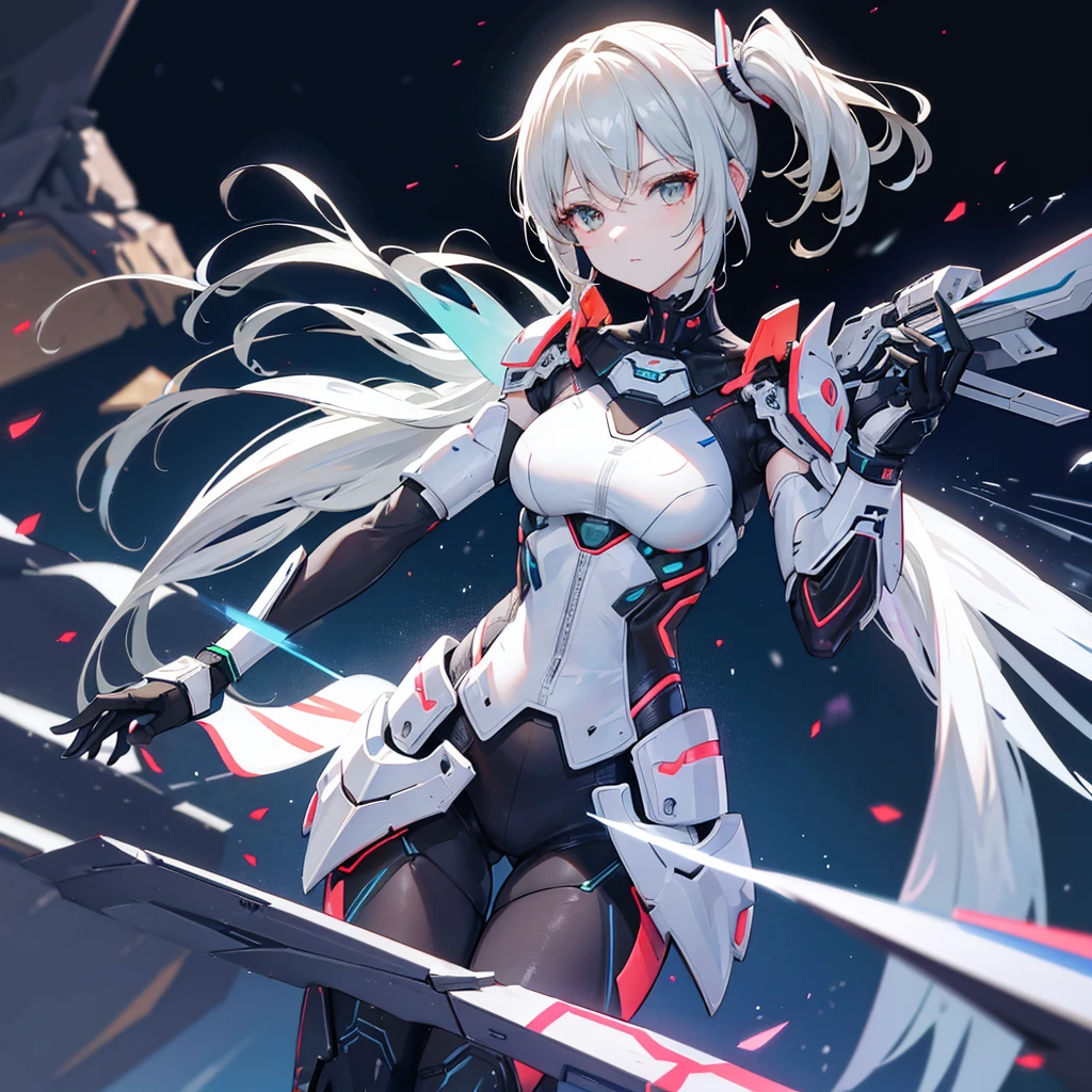 red eye color, gray hair color, zigzag braid hairstyle, (Gal outfit), ((battle gear suit)), (Thor). ((I see a halo on her back)), 40 year old female, anime character, (one person), (expose her navel), ((movement)), (whole body),(In Cyber City), (ax skills), NSFW
