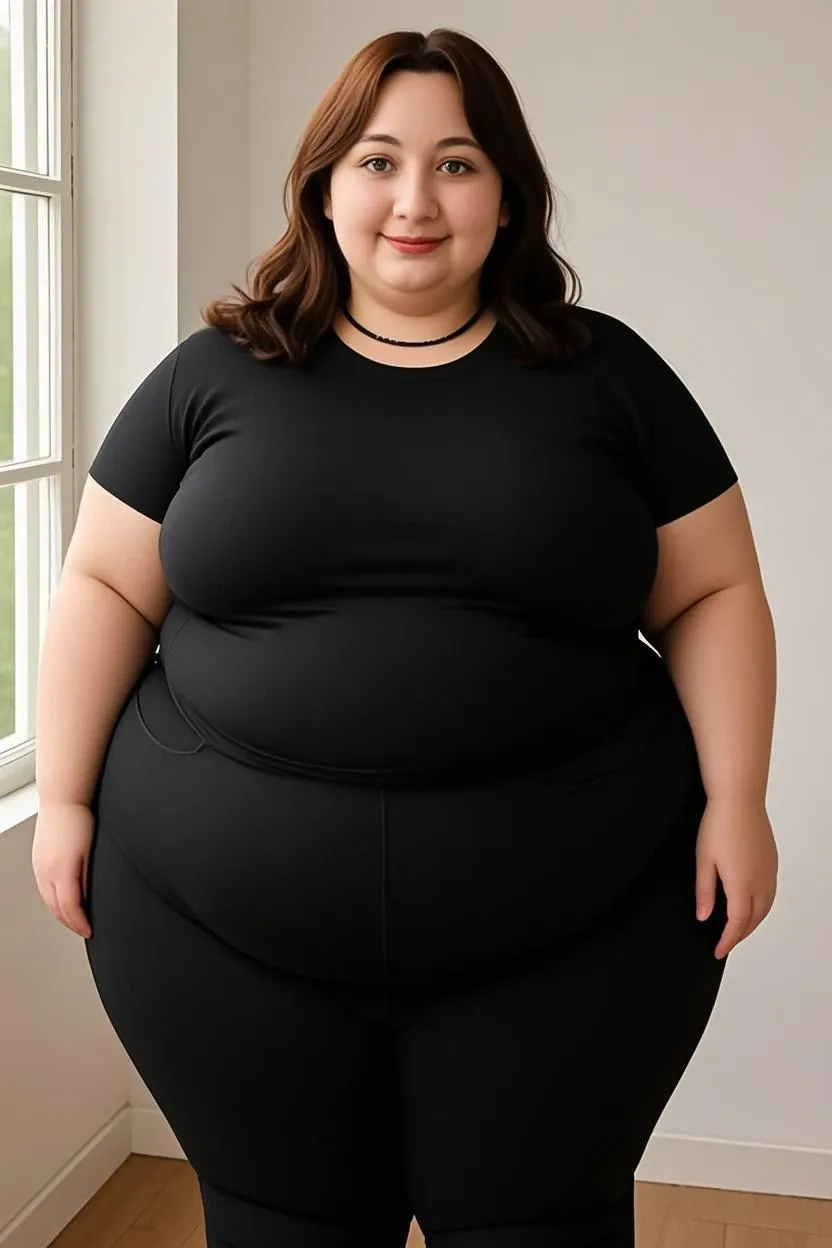 fat woman with a tight shirt on, visibly in pain