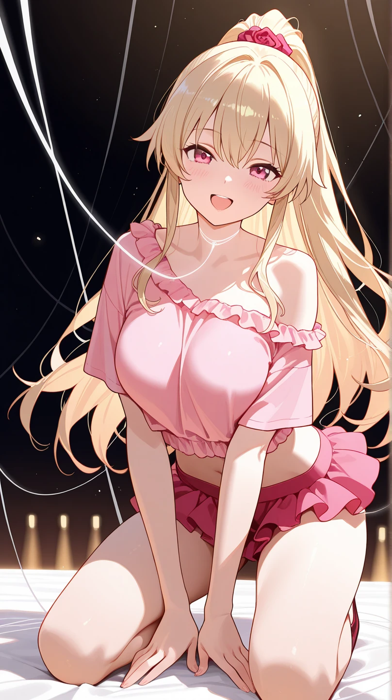 solo)、lady,(blonde hair:1.0)、(shiny red small eyes:1.1)、(highponytail:0.9)、(long hair:0.6)、(A small red ribbon in her hair:0.8)、middle breast:0.8、StrapSlip Black sleeveless shirt、black skirt,cowboy shot、blush,from front,A view of a love hotel bedroom、pink lighting,erotic smile,in heat,