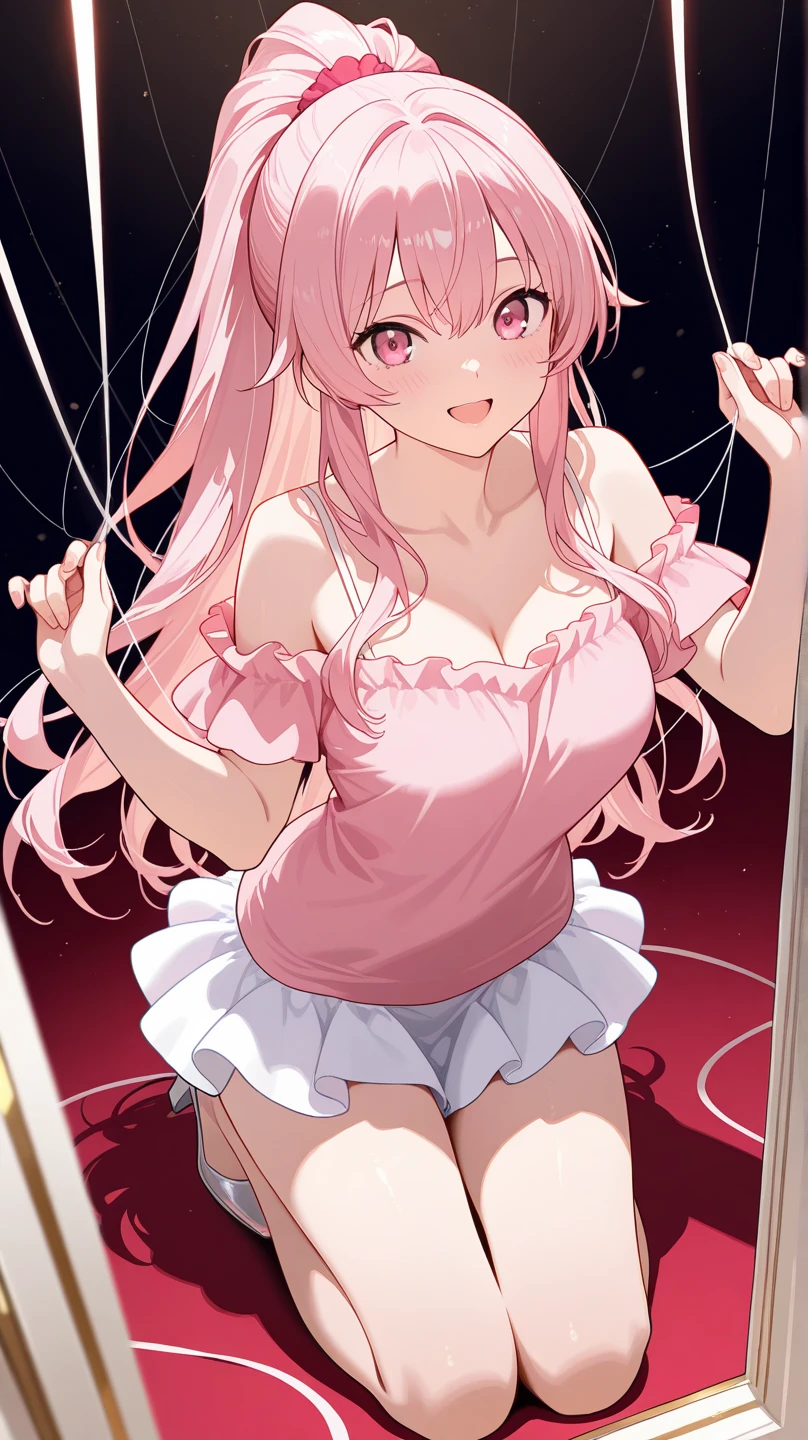 idol, yuri, harem, bishoujo, masterpiece,best quality,official art,extremely detailed CG unity 8k wallpaper, Cherry blossom powder long hair, double_bun, nose blush , shy, embarrassed , crying with eyes open, tears, crying with eyes open, pink eyes, gradient eyes, huge breasts, lolita_fashion, black sports bra , tank_top, white pantyhose, frilled socks, loose socks, tabi, hair ribbon, black hairband,