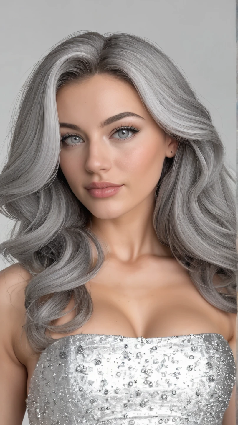 1fille Aubade, Maginifique, long cheveux noirs fins et ondulés et mouillés, yeux gris argenté brillants, eye-liner noir, (lèvres couleur gris chromé), lèvres sensuelles légèrement entrouvertes, corset effet push-up
