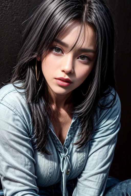 beste-Qualit、masterpiece、Hi-Res、1 female、a necklace、jewely、Beautifully face、Body Up、Tindall Effect、a photorealistic、Rim lighting、Two-tone lighting、(High Detail Skins:1.2)、8K UHD、DSLR、Soft lighting、hightquality、volume illumination、The photograph、A high resolution、4K、8K、Woman with dark hair、Adults、Small eyes、Perfect mouth、Highly detailed eyes and mouth、Black natural eyes、Pure black hair color、pale skin color、(Blue-black hair color)、Wearing casual jeans、white t-shirts、Jet-black shiny hair、a handsome、Thin makeup、Adults、