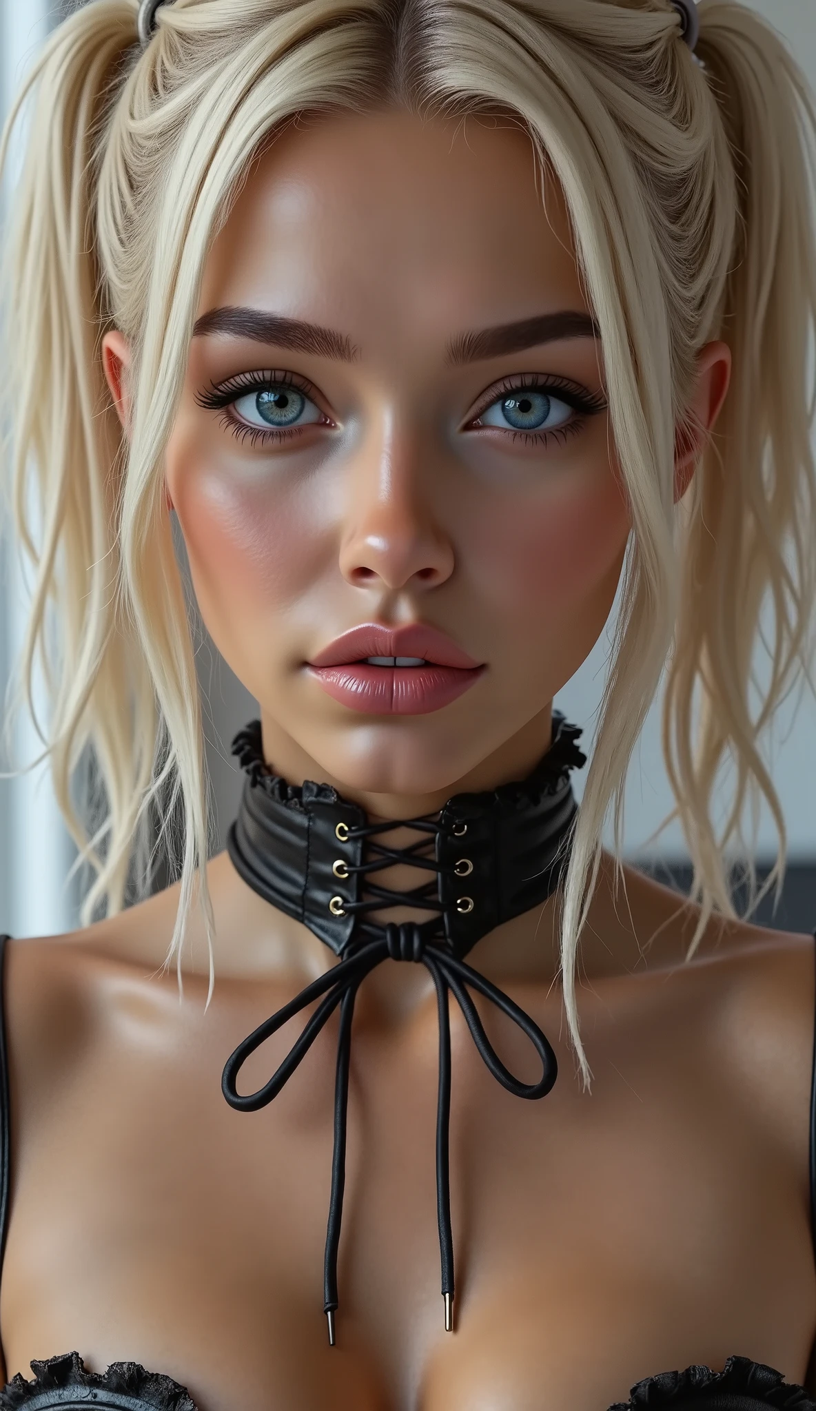  Realistic (photorealistic Realism), (high resolution), ((intricately detailed digital art)), {((full body shot:1.93))}, (ultra realistic texture details: velvety skin, hair), (ultra quality), professional photography, (anatomically correct), (perfect female body:1.4), cute girl, fashion model, elegant and charming, cute, blushing, realistic details and sharp facial features and expressions, super detailed and shinning platinum hairs with two long ponytails one pink one blue flowing over her shoulders, (perfect natural breasts), (minute details realistic glossy blue eyes), Hyper Photorealistic portrait of A 1 Woman:1.4 22yo, (intricately detailed, clear and sharp perfect round realistic blue_eyes:1.25), (droopy eyes), symmetrical lips, light glossy red_lipstick, long eyelashes, dslr, best high quality soft lighting, (vivid and colorful), (perfect composition), wearing, [[((black skirt, with ruffles: 1.33)), (white mesh accessories: 1.35), (((small, tight laced micro corset:1.4)), with gold cord: 1.3]], medium ass, ((layer cut: 1.34)), (no_Panties), ((Whitens skin, slim face)), slim belly: 1.2, ((slim, athletic figure:1.25)), The attention to detail, satisfaction smile, gorgeous appearance, electrifying appearance, (Dynamic pose: 1.2), ((sharp focus)), (Rendering engine: "Unreal Engine 5 path tracing, 16K texture maps"), The ultra-Highres,Unreal 5,Subsurface scattering,PBR Texturing,Post-Processing,Anisotropic Filtering,depth of fields,Maximum Sharpness and Sharpness,multi-layered texture,Albedo and Specular maps,Surface Shading,Precise simulation of light-material interactions,perfectly proportions,Octane rendering,Two-tone illumination,Wide Aperture, low ISO, white balance, The rule of thirds