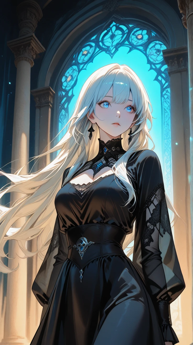 quality\(masterpiece, best quality,8k,wallpaper of extremely detailed CG unit,hight resolution,top-quality,top-quality real texture skin,hyper realisitic,increase the resolution,RAW photos,best qualtiy,highly detailed,the wallpaper\), BREAK ,1girl\(long white hair, dark blue eyes,elf, pale skin, lethargic face, dark circles under her eyes\) is looking down at viewer,dress