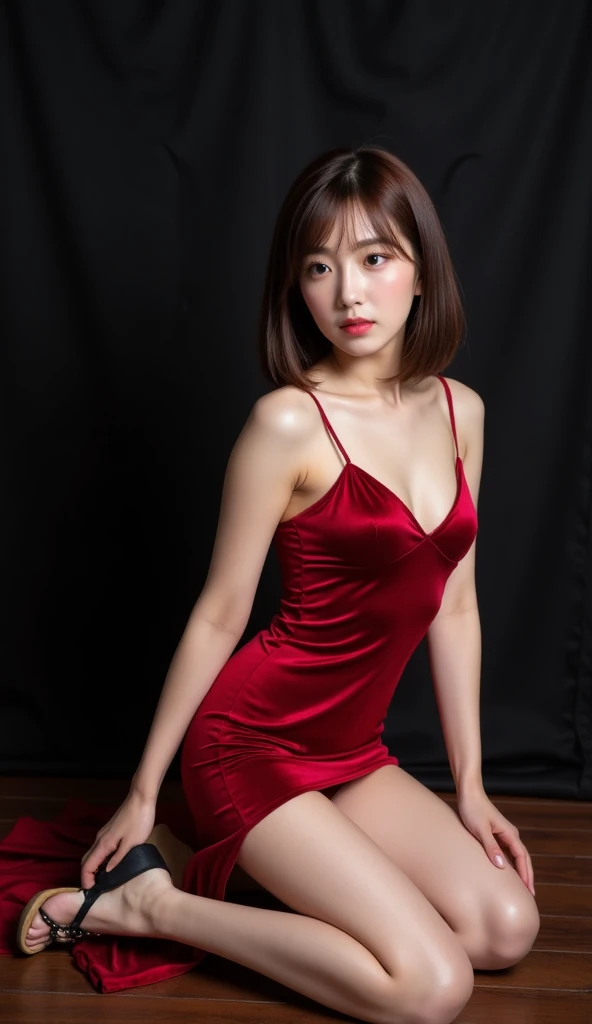 close-up of beautiful South Korean, Ray Yang is a South Korean fitness model, age 28 years old girl, youthful face, white skin body, perfect body, short hair, black hair, bust size 34 inches, wearing a tight plain standard light red bandeau bodycon mini dress, Yang holding breasts with her own two hands is very sexy and sigh, Yang squeezes the breasts very seductively, Yang lowered her dress a little bit, sexy looking pose, pose a naughty look, Yang holds the long hair smoothly, then Yang cuts her own hair short using the scissors, strand by strand of Yang's hair falls, Yang has an orgasm when cutting her own hair very sexy and seductive, Yang's hair now fills the floor below, ((Yang cut her own hair short using a pair of scissors)), ((Yang had an orgasm while enjoying cutting her own hair very sexily and seductively)), ((strand by strand of Yang's hair)), ((Yang's hair now fills the floor below))), at a filming location LG LTE advert, filming location LG LTE advert background, UHD