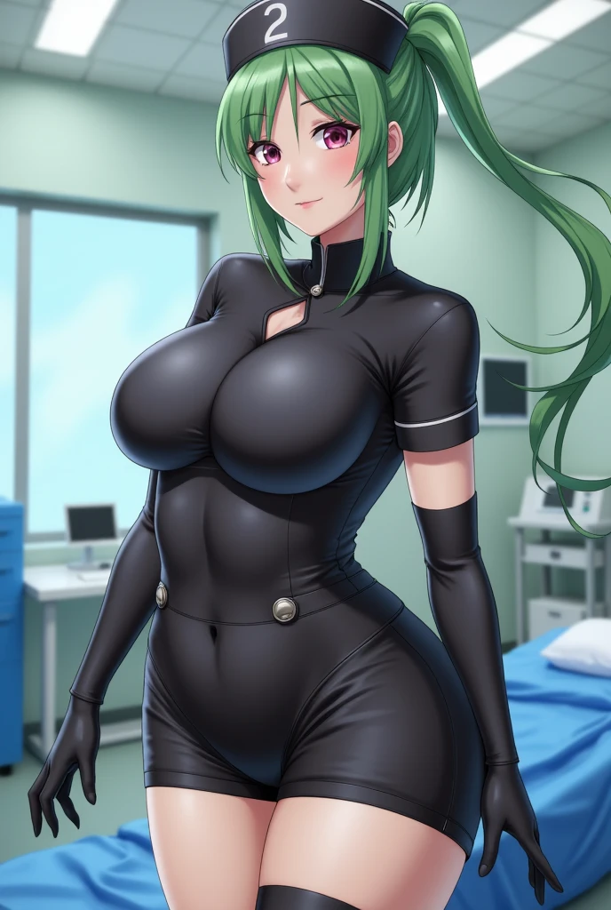 masterpiece, best quality, absurdres, 8k, perfect shadows,perfect lighting,hdr, cowboy shot,shiny skin,skindentation, beautiful body, kafka, ((black hair: 1.4)), long hair, (green eyes: 1.4),  (crop top, (underboob : 1.1), elbow gloves, thigh boots, split skirt, bare shoulders, curvy, midriff, curvy, thighs, higheels, shiny clothes), complex detailed background, inside, luxury palace) (gigantic breasts,hourglass body, thin waist,very slim waist)extremely detailed face,detailed eye makeup, detail face, nice detailed eyes,nice hands, perfect hands (realistic pupils,realistic iris:1) heavy eye makeup,glowing eyes, Bright eyes,standing,standing at attention,(seductive smile), (gigantic breasts: 1.1) , curvy, cowboy shot, 