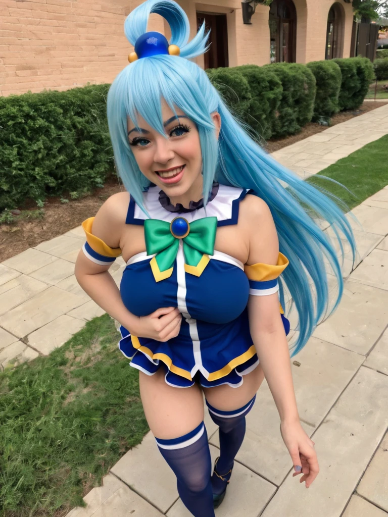 AGMM, 1girl, (Katy Perry, blue hair, Yellow_Skin, Colored_Skin:1.2), wearing wet see-through school uniform, large breasts, reveal, covered, skirt, thighhighs. inside building, classroom, sunbeams, bokeh, sparkles, evening, smile, sexy smile, --auto --s2