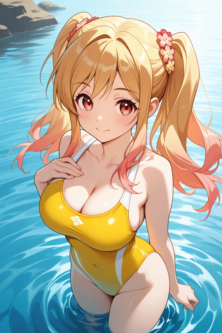 (masterpiece, highest quality:1.2), Blonde girl with red eyes,
Side Ponytail, Full Bang, bikini, arched back
,smile, Pool,
Super detaileded, highest quality, Expressive eyes, Perfect Face, super high quality, Super detailed