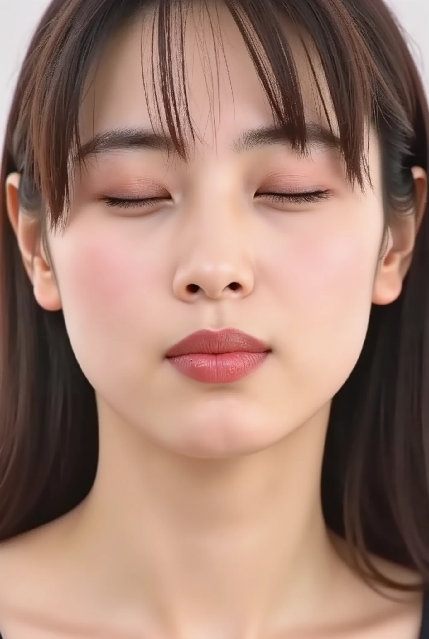 beautiful young woman, eyes closed, euphoric smile, extremely puckered lips, lips pushed far forward, tight kissy mouth, lips forming a sharp O-shape, exaggerated kiss face, heart-shaped lips, ultra glossy pink lips, flushed cheeks, ears blushing, black camisole, collarbone visible, close-up, upper-front angle, full head in frame, soft studio lighting, lips extremely pursed, lips protruding, high gloss on lips, moist lips, lip focus, plump lips, smooth skin with soft texture, faint peach fuzz, skin pores subtly visible, intense affectionate mood, face slightly tilted back