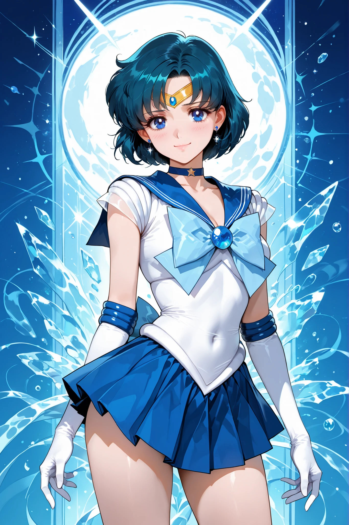 1girl, sailor mercury (sailor moon), short hair, blue hair, tiara, earrings, blue eyes, blue choker, blue sailor collar, blue bow tie, white shirt, elbow gloves, white gloves, pleated skirt, blue skirt, bare legs, standing, abstract background, looking at viewer, shy smile, attractive, seductive, dynamic pose, beautiful hands, masterpiece, ultra-detailed, very aesthetic
