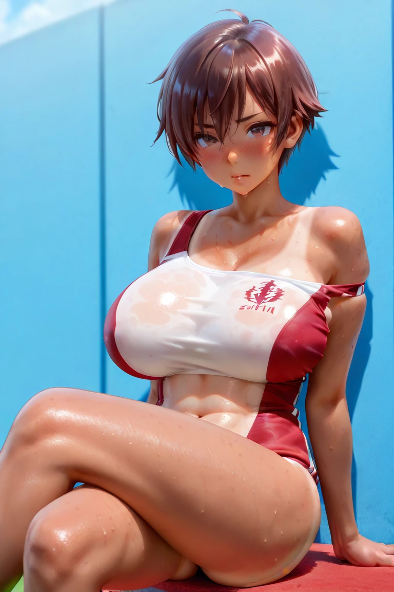 One girl,18-year-old,Perfect hands, Perfect Fingers,Perfect Anatomy,masterpiece, highest quality,Realistic, hyperRealistic, 16K HDR,,HINOMOTO_Reiko,Big Breasts,short hair,Black Hair,belly button, Cleavage, Brown eyes,boots,choker,abdomen, Fingerless gloves,(Red Shorts,Red bra),(Sweat:1.1),(Outdoor,blue sky,Beach:1.2),,(Sexy pose,Place your hands behind your head,Underarm,Sitting,Spread your legs:1.2),Erect nipples,Dynamic pose,Dynamic Angle,smile,blush,(From below:1.2)