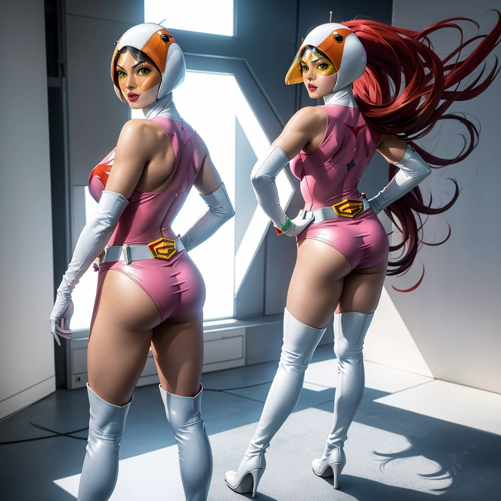 A girl in pink Gatchaman costume, miniskirt, long boots, long gloves, standing, one leg up, standing_split, detailed face, H3JTS, giga_busty, best quality, 4k, 8k, highres, masterpiece:1.2, ultra-detailed, realistic, photorealistic, photo-realistic:1.37, HDR, UHD, studio lighting, ultra-fine painting, sharp focus, physically-based rendering, extreme detail description, professional, vivid colors, bokeh, concept art