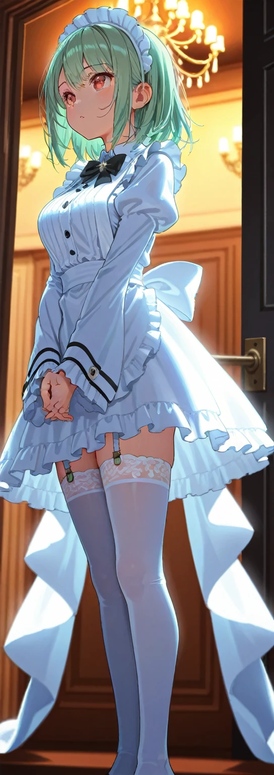 masterpiece, ultra detailed, 8k portrait, RAW photo, portrait photography, highly detailed face, beautiful and meticulous eyes, dark blue hair, long hair, blue eyes, white hair ribbon, (dark blue French maid costume:1.5), white tights, half boots, spread legs, standing, (holding a giant sickle:1.5), by the old castle, in mid night, from below, (cameltoe:1.5)